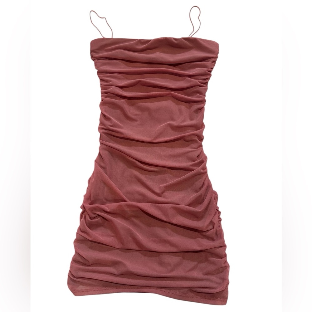 Pink mesh ruched midi dress